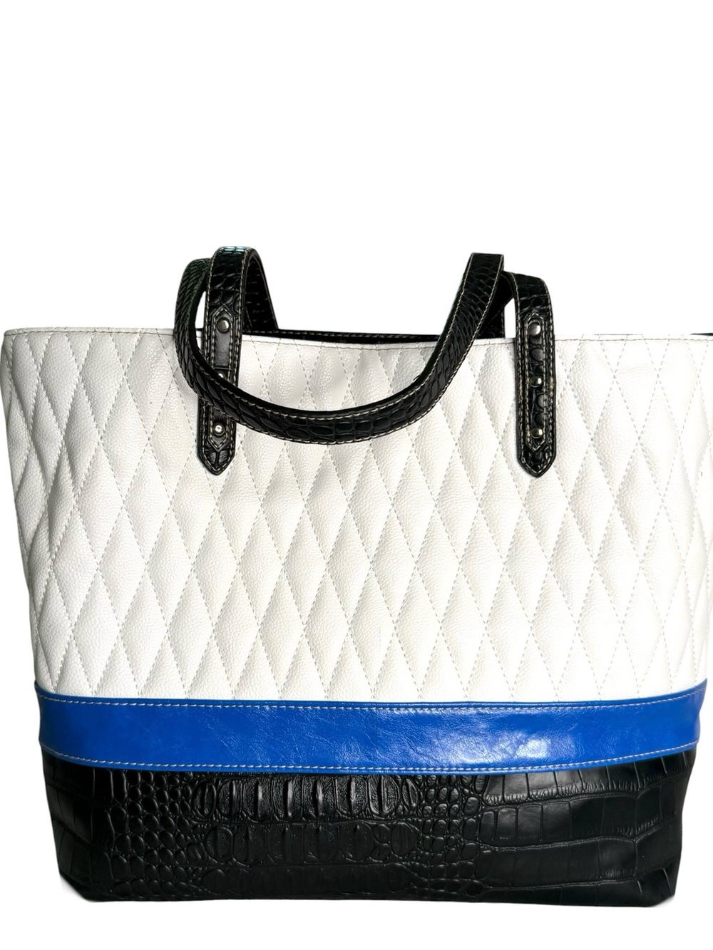 Fashion Classic White, Blue & Black Quilted Tote Bag - NWOT